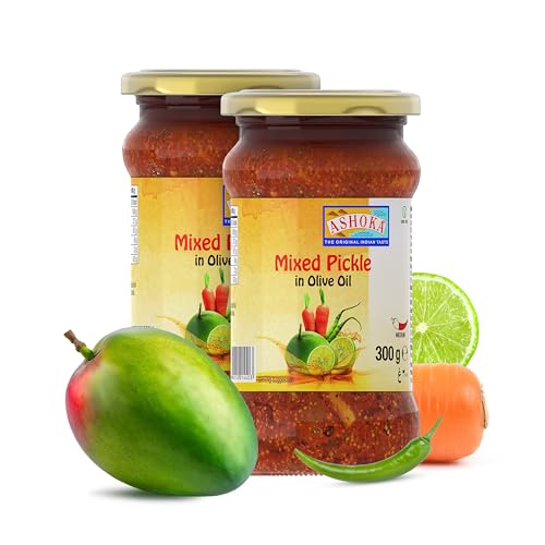 Ashoka 1932 | All Natural | Pickle in Olive Oil | Mixed Vegetables | Authentic Indian Achar Recipe | Great for Seasoning | Snacks | 300 Grams Glass Jar (Pack of 2)