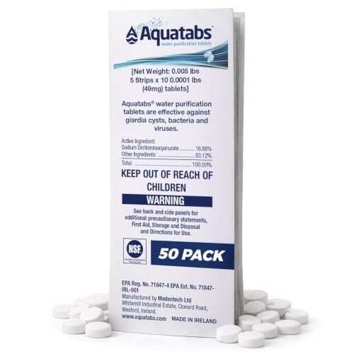 Aquatabs 49mg Water Purification Tablets, 50 Pack, Hiking &amp; Camping