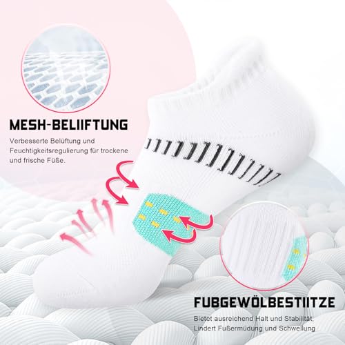 EconioSocken Sneaker Socken Damen 39-42，Anti-Blasen Laufsocken mit gepolsterter Unterstützung Kurze Knöchelsocken Atmungsaktive Sportsocken sneakersocken damen 35-38,6 Paar