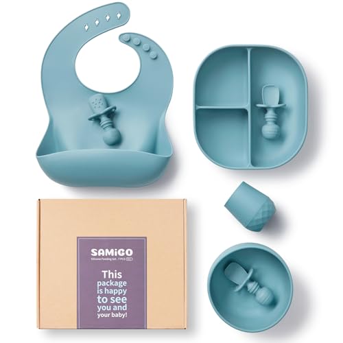 Image of SAMiGO Silicone Baby Feeding Set, Baby Led Weaning Supplies, Suction Bowl Plate Bib Cup Self Feeding Spoons, Solid Food Eating Essentials, First Stage Utensils, 6+ Months