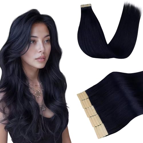 DOORES Tape in Hair Extensions Real Human Remy, Blue Black 18 Inch 50g 20pcs, Invisible Hair Extensions Tape in Natural Remy Straight Seamless Human Real Skin Weft