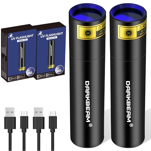 DARKBEAM Linterna UV 365nm Luz Negra, Mini Linternas LED Ultravioleta Potente Lámpara de Woods USB Recargable, Detector de Orina de Mascotas para Piedra,vidrio de uranio, rocas, epoxy Resina, 2 Pack