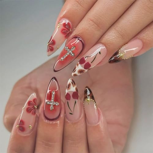 IMRAIN Brown French Tip Press on Nails Medium Almond Fake Nails Red Flower Cherry False Nails with Cross Rhinestone Design Glossy Glue on Nails Full Cover Artificial Acrylic Stick on Nails 24Pcs