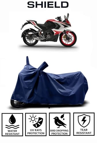 Image of Shield Heavy Duty Bike Cover for Bajaj Pulsar Rs 200 | All-Season, Tear-Proof Fabric | with Side Mirror Pocket & Buckle Belt | Bajaj Pulsar Rs 200 Bike Cover (Blue)