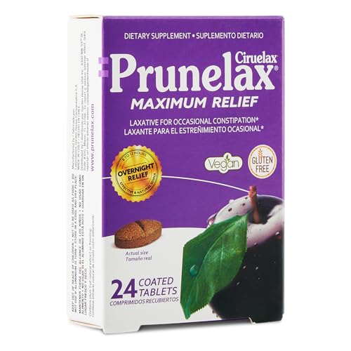 Prunelax Ciruelax Maximum Relief Laxative Tablets with Natural Senna for Occasional Constipation Senna Extract Vegan & Gluten-Free Gentle Overnight Relief - 24ct