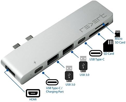 USB C Thunderbolt 3 Hub Adapter for MacBook Pro 13 or 15 Inch 2016 2017 2018 HDMI Video | 7 in 1 Multi Port Micro SD Card Reader USB Type C Dongle Silver REVERT X PRO
