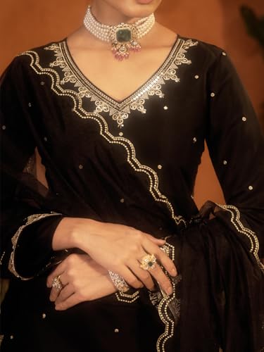 Image of FIORRA Women's Black Viscose Chanderi Embroidered Ethnic A-line Kurta Set with Dupatta