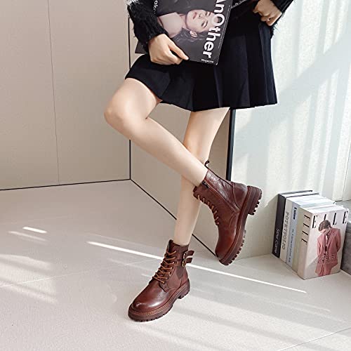 Sttiyaf Leather Ankle Boots for Women Lace Up Booties Low Heel by Sttiyaf - Image 6