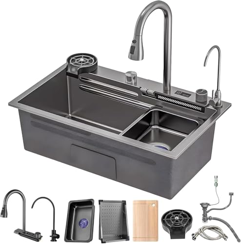 Évier de cuisine grand bol simple cuve 68 cm avec cascade d'eau et bouton de vidange noir - 2