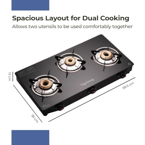 Image of Lifelong 3 Burner Gas Stove Top for Kitchen - Brass Burner Manual Ignition Cooktop Modern Glass Stove for Modular Kitchen, ISI Certified & Compatible with LPG - 1 Year Manufacturer's (Black, LLGS003)