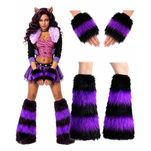 Shyyween 4 Pcs Halloween Furry Costume Women Adult,Black Purple,Wolf
