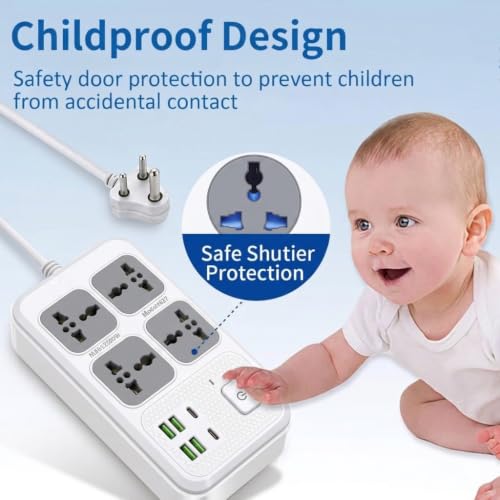 Image of Power Strip with 4 Universal Sockets with Child Security + 4 USB Ports + 2 Type-C Port, High Temperature Fuse Protector, 1500W with 2 Meter Cable, Wall Mountable Multi Plug for Home - White