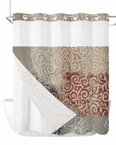 No Hook Shower Curtains with Snap-in Liner Set, Vintage Abstract