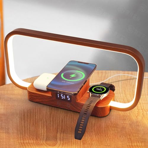 Caricabatterie wireless 3 in 1 con luce notturna, stazione di ricarica wireless per cuffie e orologi, ricarica wireless lampada da tavolo con porta USB, lampada da tavolo per camera da letto