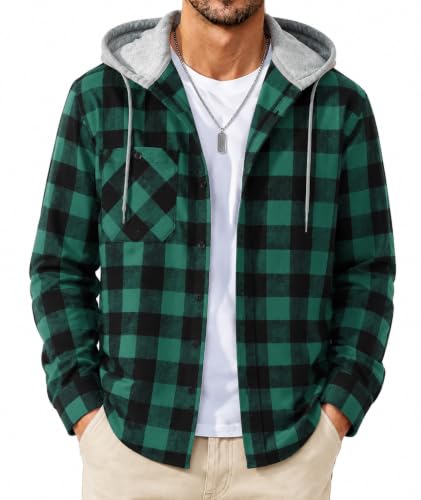 Image of SCODI Mens Flannel Hoodie Shirt Casual Button Down Plaid Long Sleeve Shirts | Machine Wash, Business, Vacation, Office, Party, Daily, Outdoor, Vintage, Classic, Stylish, Adjustable Cuffs, with Pocket