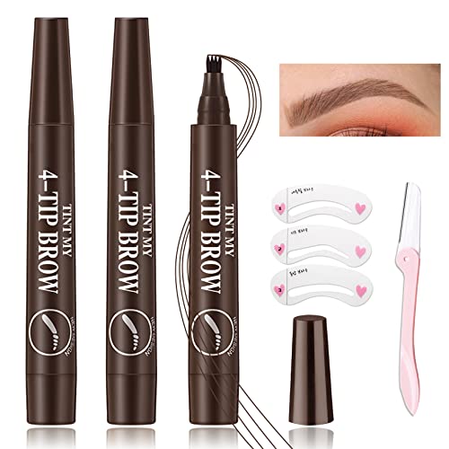 3Pcs Brow Pencil,Eyebrow Tattoo Pen,Long Lasting Waterproof Microblading Eyebrow Pencils,Brow Pen,With Eyebrow Trimmer,3 Eyebrow Models,For Creating Easy Natural Brows (Dark Brown) #TOP8