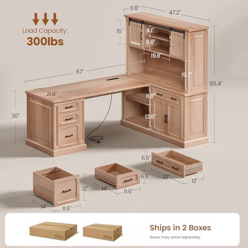 Image of SEDETA 67 inch Farmhouse Desk with Hutch, L Shaped Office Desk with 4 Drawers & Storage Cabinet, Executive Corner Computer Desk with Sliding Doors, File Drawer & Power Outlet for Home Office, Oak
