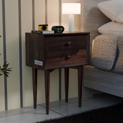 Image of Solid Sheesham Wood Bedside Table for Bedroom | Handmade Pure Wooden Bed Side Nightstand End Table with 2 Drawer Storage for Home & Bed Room | Rosewood, Walnut Finish