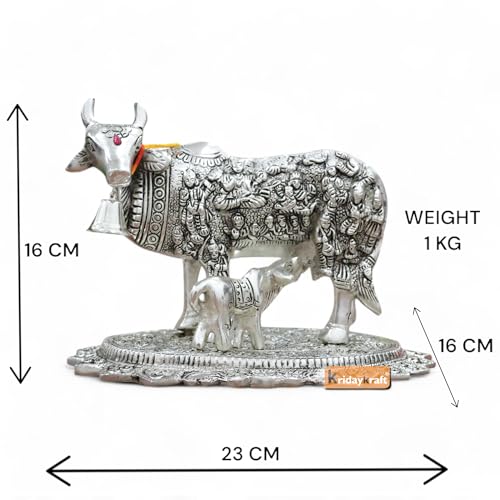 Image of Kamdhenu Cow with Calf Idol for Home Decor | Metal Cow Statue with Intricate Embossed Design | Vastu & Pooja Decorative Showpiece | Temple, Office, Housewarming & Gift Item (Silver)
