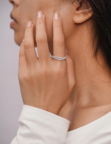 YODEWA Curved Moissanite Wedding Bands for Women, Thin Ring Enhancers and Wraps, Stackable Half Eternity Band, Fake Diamond Sterling Silver Ring 1.3mm4