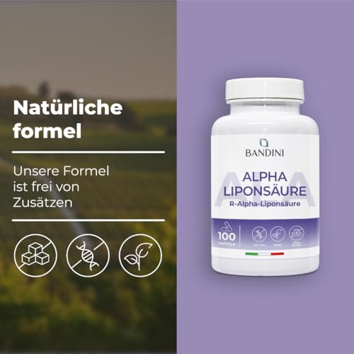 Bandini® ALA Alpha Liponsäure | Hochdosiert Alpha Lipoic Acid | Alpha Liponsäure zur Unterstützung von Kreislauf, Leber & Nervensystem - Antioxidans | 100 Kapseln | Vegan, Laborgeprüft, GVO-frei