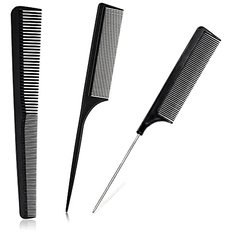 3 Pieces Tail Combs Set Carbon Styling Comb Fiber Rat Tail Comb Anti Static Heat Resistant Barber Hairdressing Comb Steel Pintail Comb Cutting Fine Tooth Comb Teasing Hair Comb for Women Men, Black Cover
