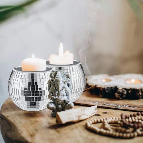 Image of Disco Ball Planter Silver Vase Set of 8,3 x 4 inch | Reflective Glass Surface Refracts Light,Multi Purpose Candle Holder and Centerpiece