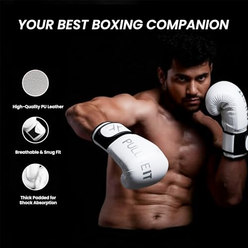 Image of Pulseit Knockout Boxing Gloves for Men & Women | Premium PU Leather | Training, Sparring, Kickboxing, Muay Thai & MMA | Multi-Layer Foam Padding, Wrist Support, Breathable (White)