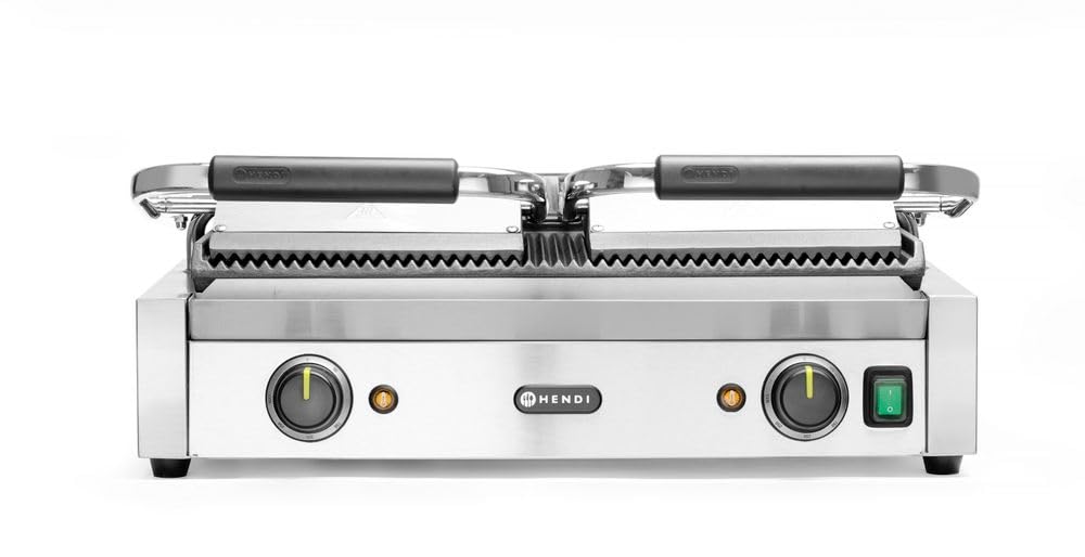HENDI Piastra Elettrica a Contatto Doppia, Grill/Griglia Panini Professionale, Piastre Rigata in Ghisa Smaltata, 230V, 3600W, 570x375x(H)216mm, Acciaio Inox
