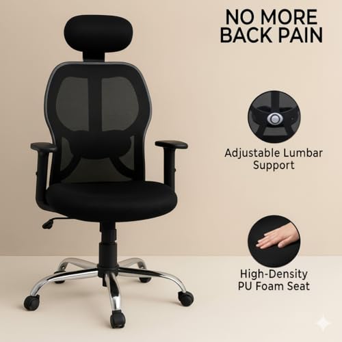 Image of Lakdi The Furniture Ergonomic High Back Office Chair with Adjustable Height, Mesh Back, Lumbar Support, Armrest & Tilt Lock - Comfortable Swivel & ExecutiveChair for Home & Office Work- SSL-886