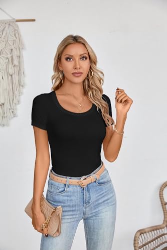 VICHYIE Womens Summer Short Sleeve Tops Square Neck Ribbed Slim Fitted Shirts Casual Tee Tshirt4