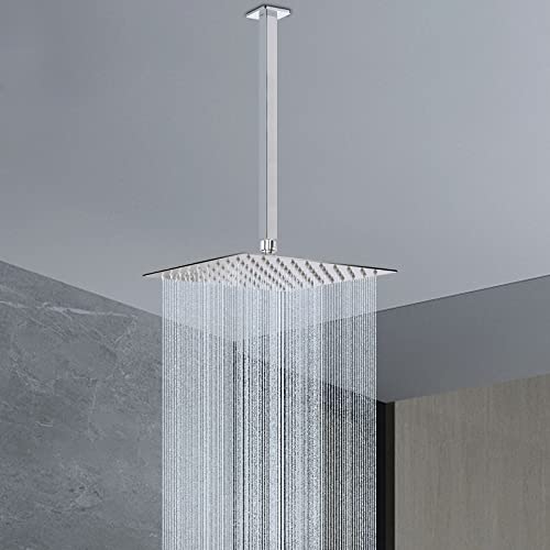 Image of Ceiling Mounted Shower Arm, Rain Shower Square Extension Arm with Flange and Teflon Tape Stainless Steel Ceiling Mount Shower Extender (16 Inch, Chrome)