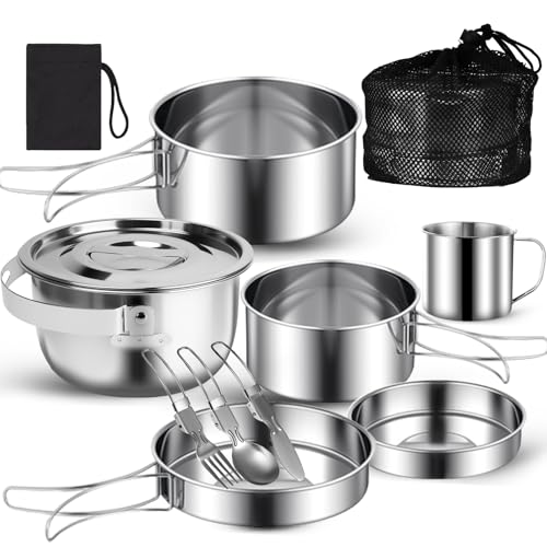 10 Pezzi Set di Pentole da Campeggio Acciaio Inox, con 1.2L Pentola da Campeggio, Padella, Posate e Tazze Inox, Set di Pentole da Esterno da Picnic Pieghevole per Campeggio, Arrampicata,Trekking