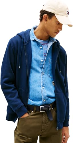 Tommy Jeans Sweat à Capuche Zippé Homme Flag Zip Thru avec Capuche, Bleu (Dark Night Navy), XL