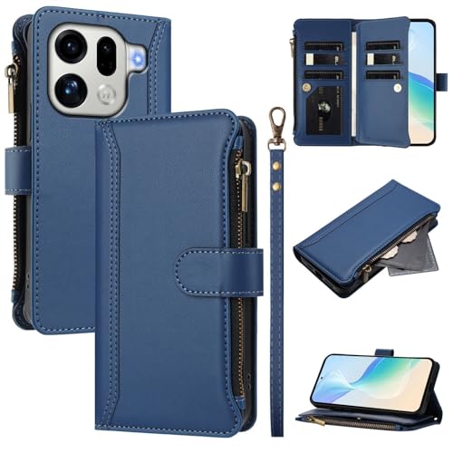 Étui Oppo Find X9 Pro bleu foncé idéal voyage housse cuir zippée porte-cartes