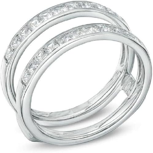 14K White Gold Finish Princess Cut White Diamond Channel Set Engagement Wedding Enhancer Wrap Ring Guard for Women's2