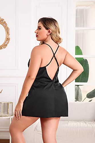Avidlove Plus Size Lingerie For Women Sexy Satin Nightgown Lace Babydoll Side Slit Strappy Chemise Nightwear4