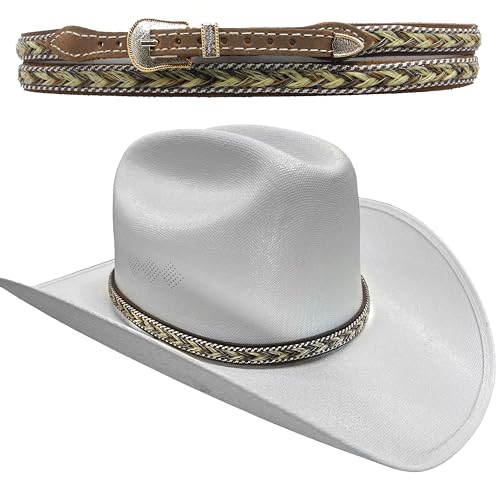 Rainbow Trimming Co. Brown Horsehair Cowboy Hat Band with Leather Tabs, Contrast Stitch, Two-Tone Buckle - Western Hat Accessories for Men and Women, hatbands for Cowboys & Cowgirls