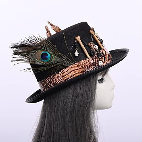 Women Voodoo Hats Witch Doctor Top Hats Skull Feathers Hat (Red)