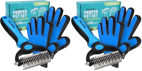 Image of Maxpower Planet Pet Grooming Brush and 2X Grooming Gloves Combo - Double Sided Dematting, Deshedding Undercoat Rake for Dogs and Cats - Reduce Shedding Easily - Blue (Pack of 2)