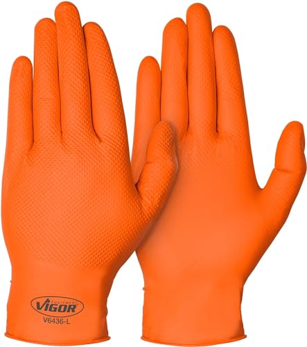 Guantes de nitrilo ViGOR V6436-L 100 unidades I Excelente adherencia, incluso al manipular aceite, grasa, productos químicos y suciedad I Guantes para pantallas táctiles I Color: naranja (L)