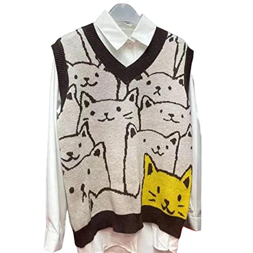 Chaleco de punto con cuello en V estilo universitario y estampado de gato para mujer y hombre