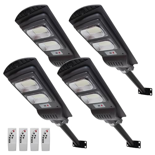 LED ATOMANT Lote de 4 Farolas Solares Exterior LED 100W, Color Blanco Frio, IP65, con Sensor de Movimiento y Mando, Farola LED Exterior Solar Potente para Jardin y Calle, Incluye soporte