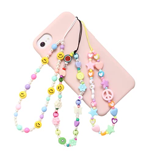 3 pieces Beaded Phone Lanyard Wrist Strap, Smiley Face Beaded Phone Charm, Phone Keychain, Y2K Phone Bracelet, Decoration Accessories Handmade Aesthetic Beaded Phone Charm Anti-Lost Phone String