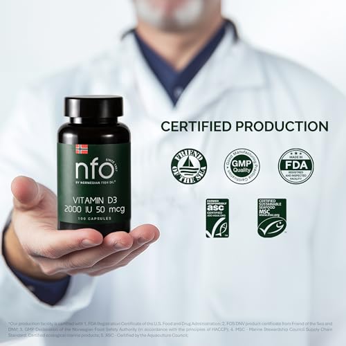 Image of NFO Vitamin D3 2000 IU (50 mcg) [100 Capsules] Natural Norwegian High-Potency Vitamin D3 Complex - Cholecalciferol Form with +30% Greater Absorption - Supports Immune System and Bone Health*