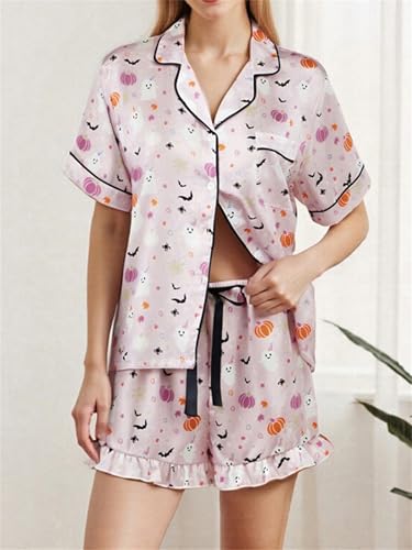 Women Cute Halloween Pumpkin Pajama Set 2 Piece Y2k Silky Satin Button Down Short Sleeve Shirt Shorts Sets Loungewear2