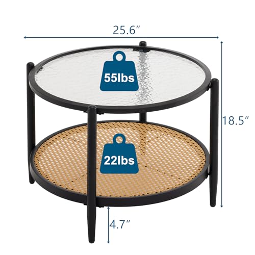 Image of VINGLI 25.6 inch Black Rattan Modern Coffee Table with 2-Tier Storage, Round Water-Wave Glass Metal Center Table for Living Room and Small Space