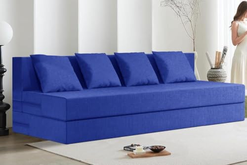 Image of Rosebell Lightweight Easy Four-Person Sofa Cum Bed Jute Fabric- Washable Cover- Including Cushion - Size 6' X 6' Feet | Color - Blue | Perfect for Home & Office
