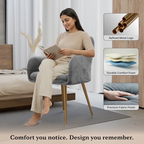 Image of Milano Velvet Comfort Dining Chair with Deep Cushion Seating, Strong Wooden Frame & Metal Support Legs for Dining, Living Room, Bedroom, Balcony & Office (Soft Grey)