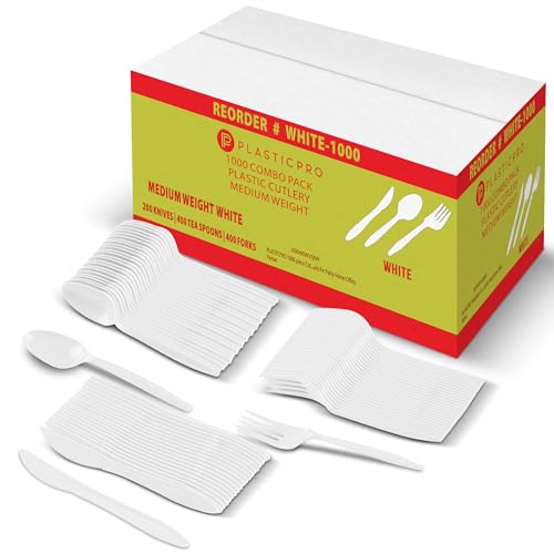 PLASTICPRO 1000 piece Cutlery Combo set of White Plastic Forks, Spoons, and Knives Disposable Colored Cutlery Bulk Pack Variety Pack for Party Home Office